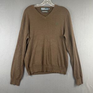 Men's POLO Ralph Lauren V-neck Brown Pima Cotton Sweater Sz M Preppy Academic